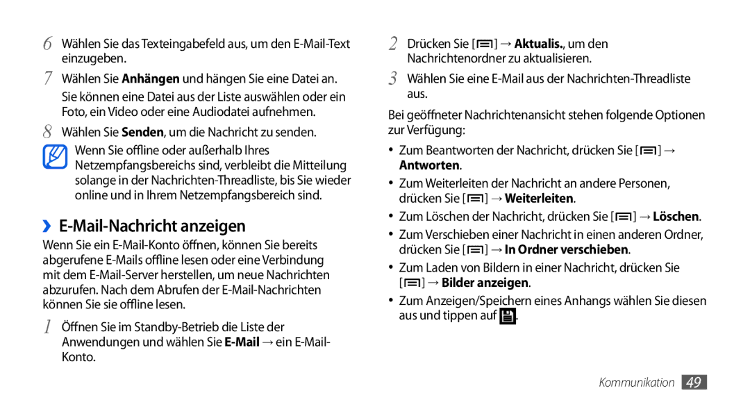 Samsung GT-I5800DKADBT, GT-I5800DKADTM, GT-I5800DKAATO, GT-I5800DKAXEG manual ››E-Mail-Nachricht anzeigen, Aus 