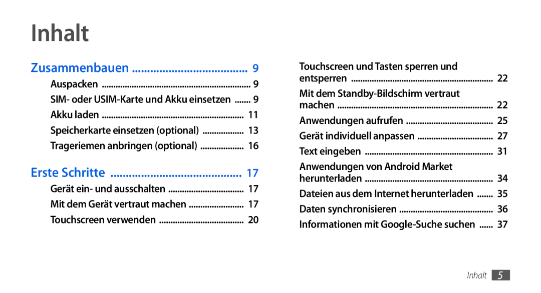 Samsung GT-I5800DKADBT, GT-I5800DKADTM Inhalt, Touchscreen und Tasten sperren und, Mit dem Standby-Bildschirm vertraut 