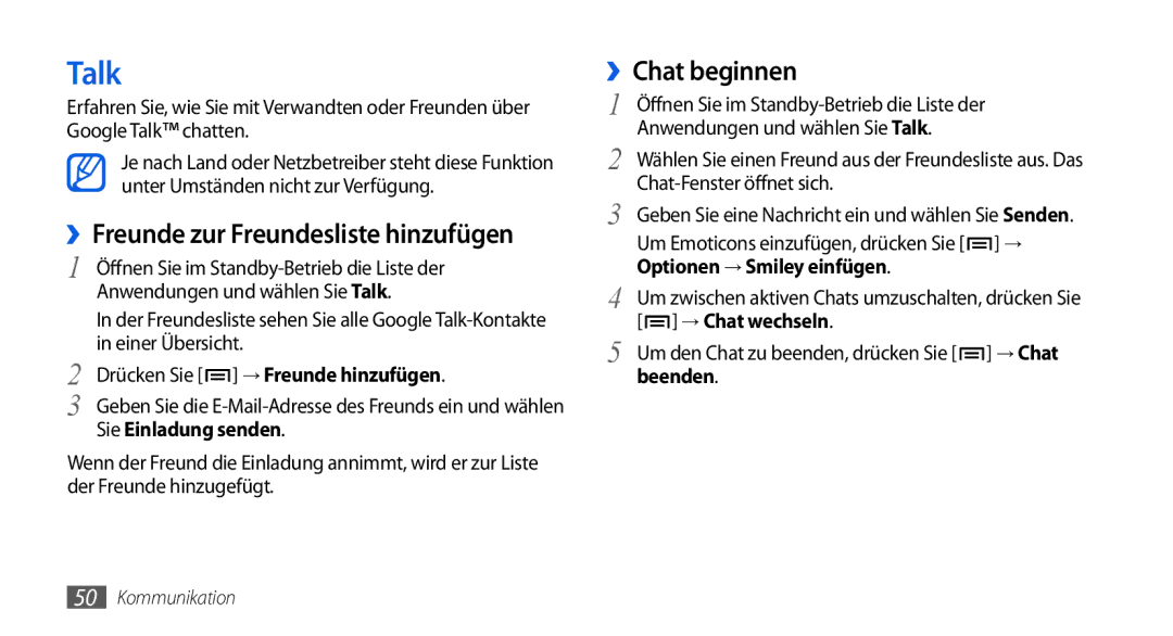 Samsung GT-I5800DKAATO, GT-I5800DKADTM, GT-I5800DKADBT manual Talk, ››Chat beginnen, ››Freunde zur Freundesliste hinzufügen 