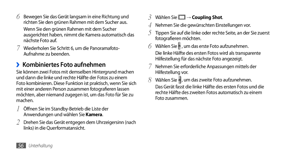 Samsung GT-I5800DKADTM, GT-I5800DKADBT, GT-I5800DKAATO manual ››Kombiniertes Foto aufnehmen, Wählen Sie → Coupling Shot 