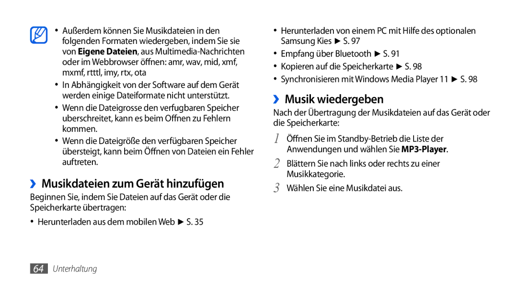 Samsung GT-I5800DKADTM, GT-I5800DKADBT, GT-I5800DKAATO manual ››Musikdateien zum Gerät hinzufügen, ››Musik wiedergeben 