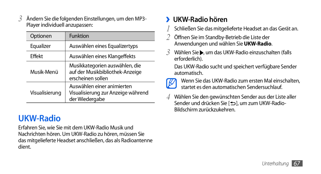 Samsung GT-I5800DKAXEG, GT-I5800DKADTM, GT-I5800DKADBT, GT-I5800DKAATO manual ››UKW-Radio hören 