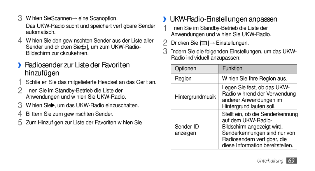 Samsung GT-I5800DKADBT manual ››Radiosender zur Liste der Favoriten hinzufügen, ››UKW-Radio-Einstellungen anpassen 