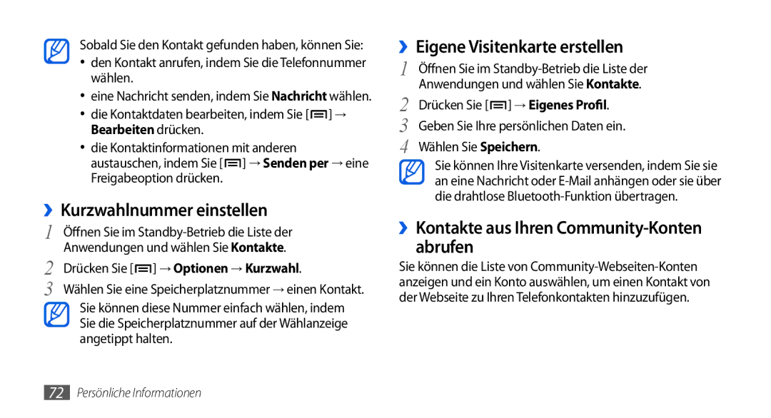 Samsung GT-I5800DKADTM, GT-I5800DKADBT manual ››Kurzwahlnummer einstellen, ››Eigene Visitenkarte erstellen, → Eigenes Profil 