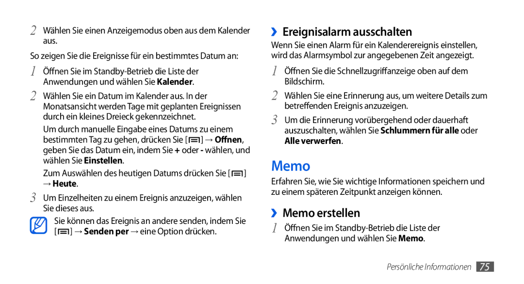 Samsung GT-I5800DKAXEG, GT-I5800DKADTM, GT-I5800DKADBT manual ››Ereignisalarm ausschalten, ››Memo erstellen, → Heute 