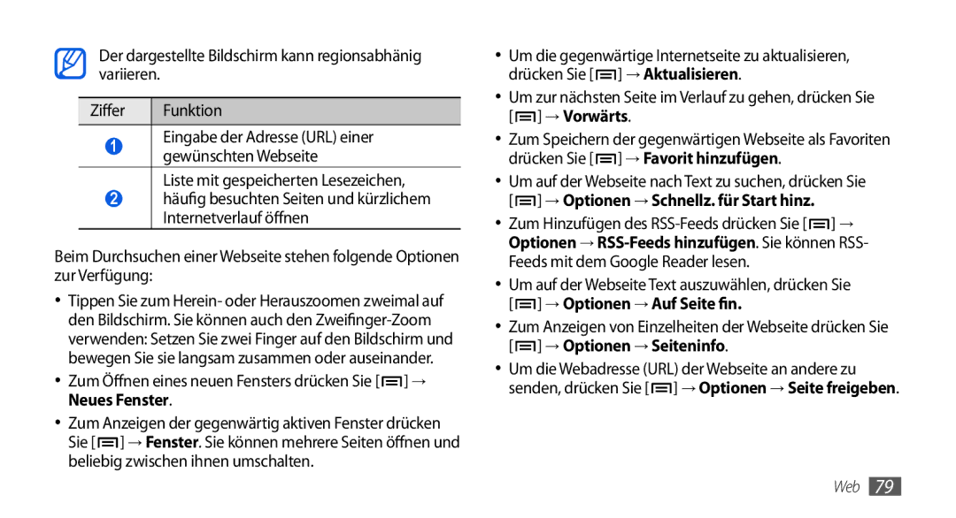 Samsung GT-I5800DKAXEG Liste mit gespeicherten Lesezeichen, Zum Öffnen eines neuen Fensters drücken Sie → Neues Fenster 