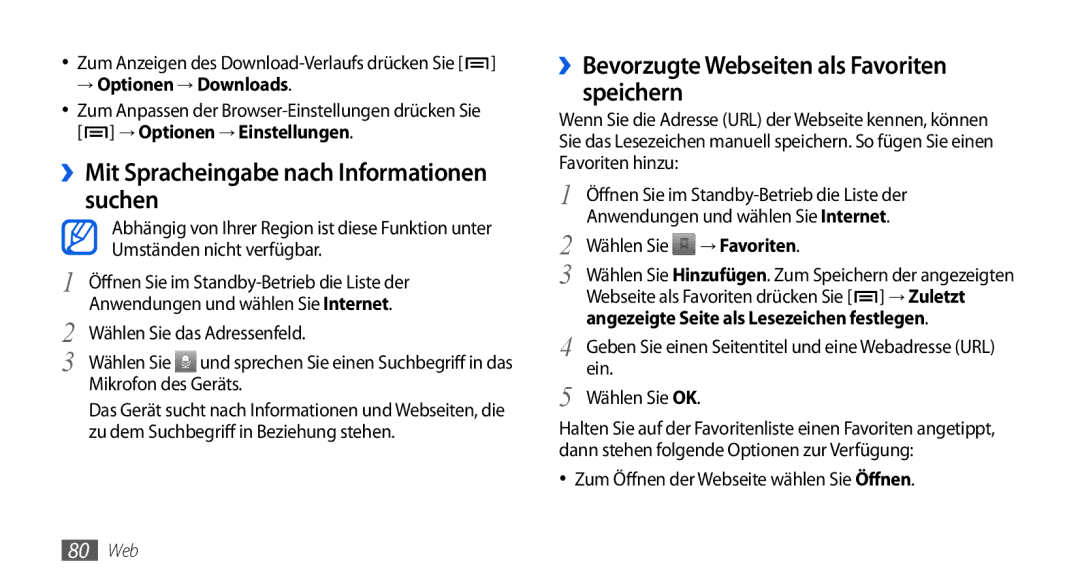 Samsung GT-I5800DKADTM manual ››Mit Spracheingabe nach Informationen suchen, ››Bevorzugte Webseiten als Favoriten speichern 