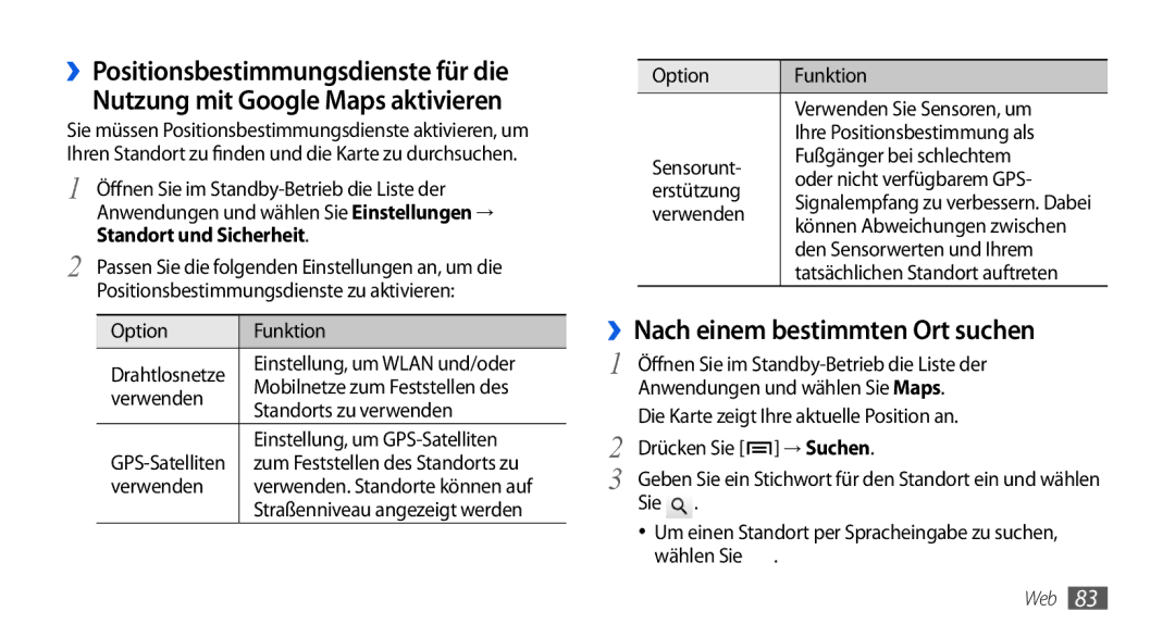 Samsung GT-I5800DKAXEG, GT-I5800DKADTM, GT-I5800DKADBT manual ››Nach einem bestimmten Ort suchen, Standort und Sicherheit 