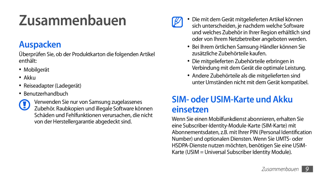 Samsung GT-I5800DKADBT, GT-I5800DKADTM, GT-I5800DKAATO Zusammenbauen, Auspacken, SIM- oder USIM-Karte und Akku einsetzen 