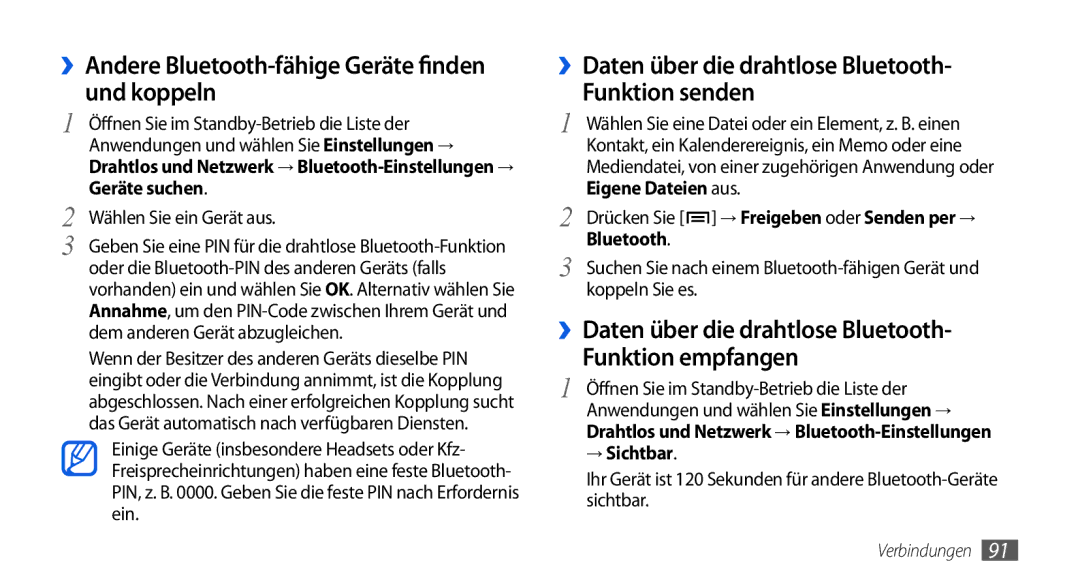 Samsung GT-I5800DKAXEG, GT-I5800DKADTM manual ››Andere Bluetooth-fähige Geräte finden und koppeln, Funktion empfangen 