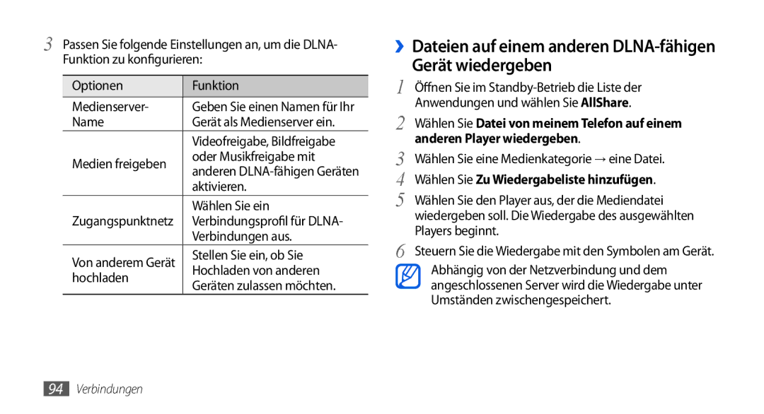 Samsung GT-I5800DKAATO manual Gerät wiedergeben, ››Dateien auf einem anderen DLNA-fähigen, Anderen Player wiedergeben 