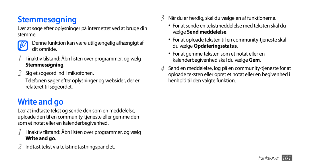 Samsung GT-I5800DKAXEE, GT-I5800DKANEE manual Stemmesøgning, Write and go, Indtast tekst via tekstindtastningspanelet 