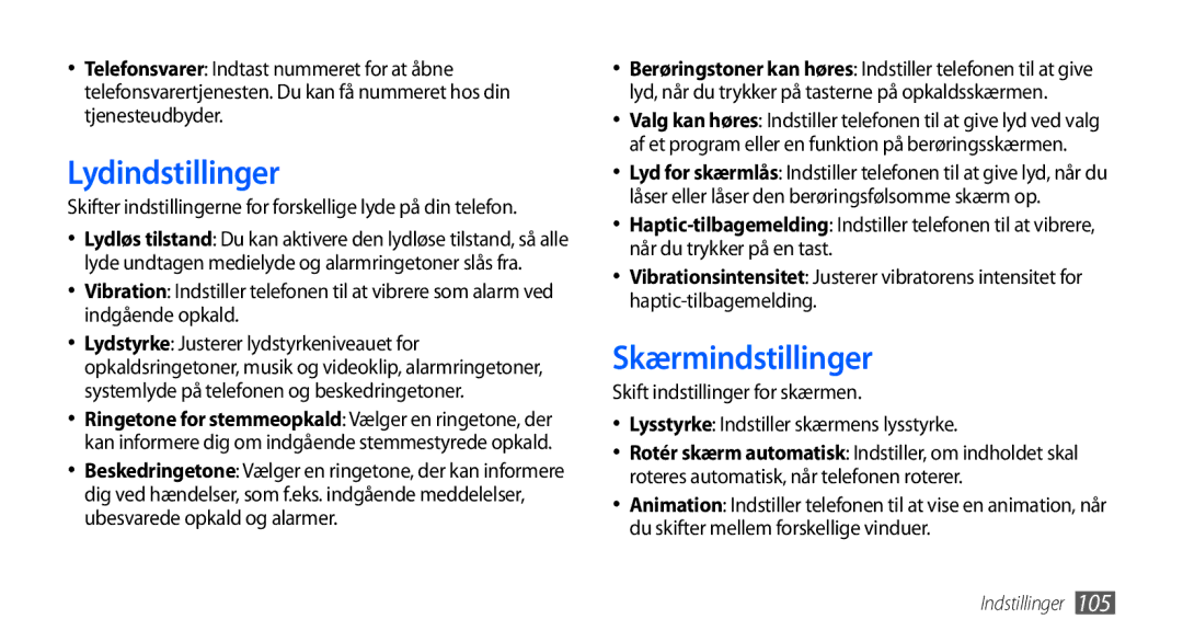 Samsung GT-I5800DKANEE, GT-I5800CWANEE, GT-I5800DKAXEE manual Lydindstillinger, Skærmindstillinger 