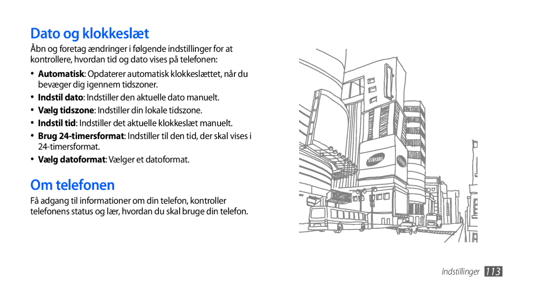 Samsung GT-I5800DKAXEE, GT-I5800DKANEE, GT-I5800CWANEE manual Dato og klokkeslæt, Om telefonen 