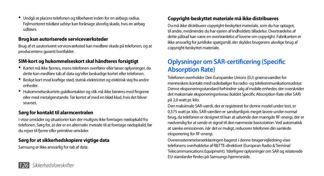 Samsung GT-I5800DKANEE, GT-I5800CWANEE, GT-I5800DKAXEE manual Oplysninger om SAR-certificering Specific Absorption Rate 