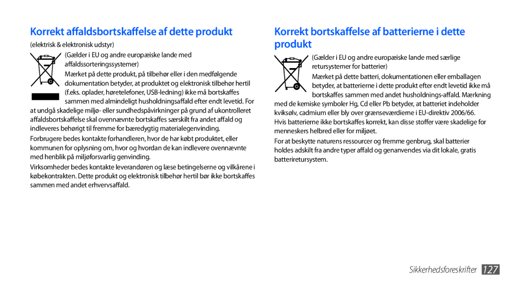 Samsung GT-I5800CWANEE, GT-I5800DKANEE, GT-I5800DKAXEE manual Korrekt bortskaffelse af batterierne i dette produkt 