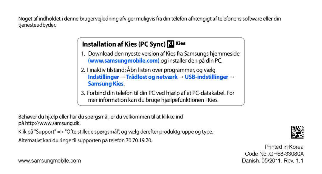 Samsung GT-I5800DKAXEE, GT-I5800DKANEE, GT-I5800CWANEE manual Installation af Kies PC Sync 