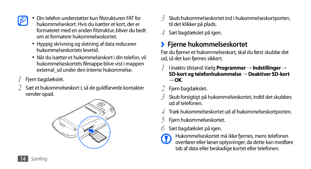 Samsung GT-I5800DKAXEE manual ››Fjerne hukommelseskortet, Fjern bagdækslet, Ud af telefonen, Fjern hukommelseskortet 