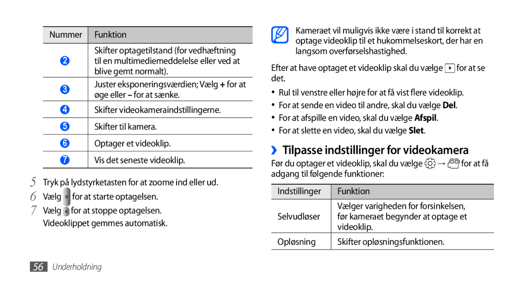 Samsung GT-I5800DKAXEE ››Tilpasse indstillinger for videokamera, Nummer Funktion Skifter optagetilstand for vedhæftning 