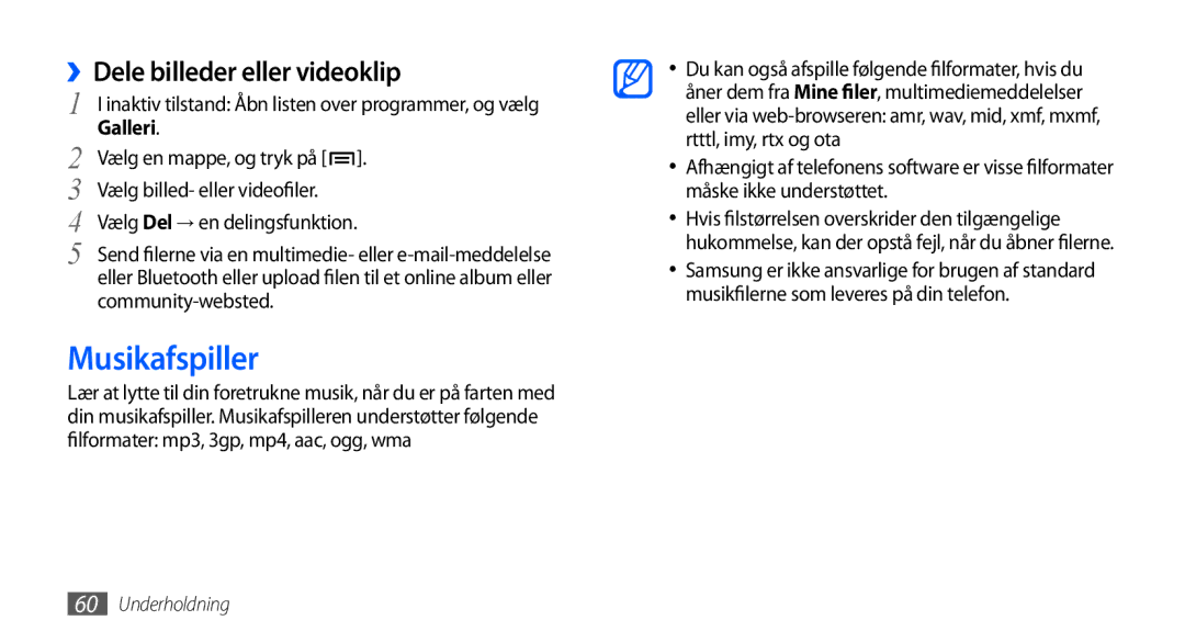 Samsung GT-I5800DKANEE, GT-I5800CWANEE manual Musikafspiller, ››Dele billeder eller videoklip, Vælg en mappe, og tryk på 