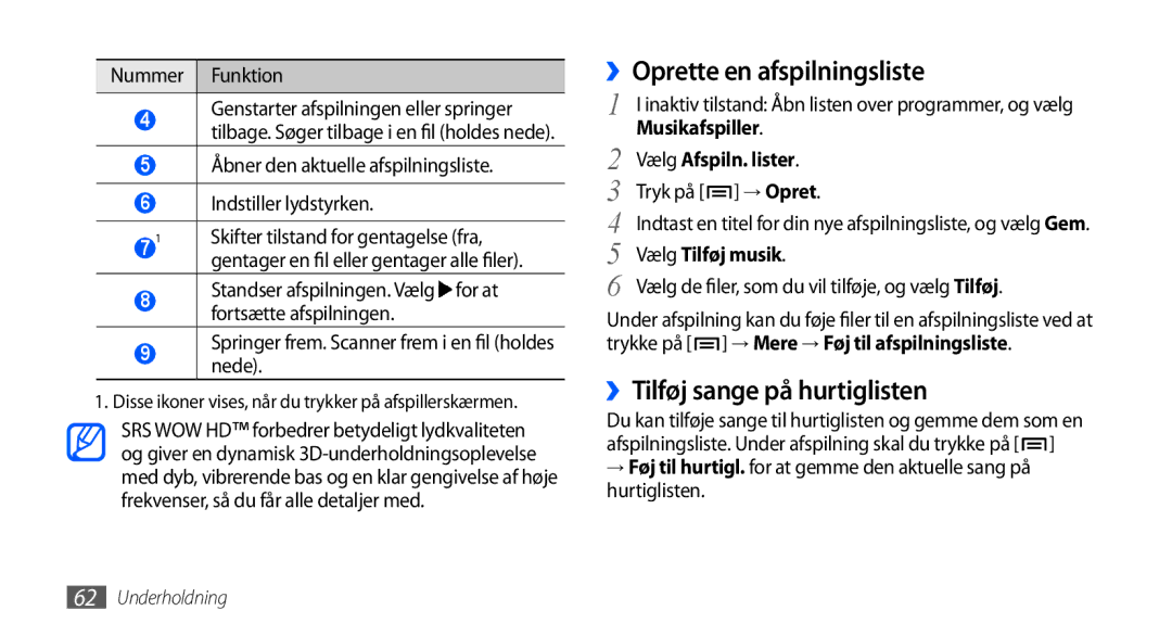 Samsung GT-I5800DKAXEE, GT-I5800DKANEE ››Oprette en afspilningsliste, ››Tilføj sange på hurtiglisten, Vælg Afspiln. lister 