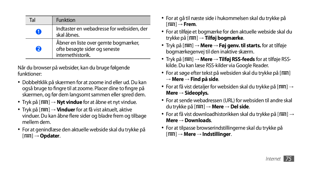 Samsung GT-I5800DKANEE, GT-I5800CWANEE, GT-I5800DKAXEE manual → Opdater, → Mere → Find på side 