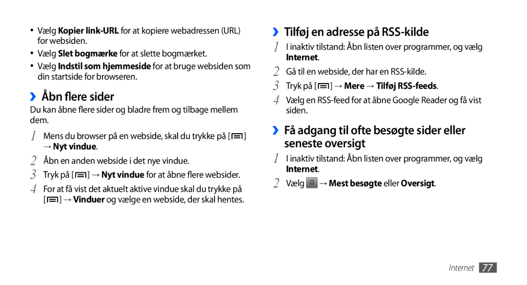 Samsung GT-I5800DKAXEE manual ››Åbn flere sider, ››Tilføj en adresse på RSS-kilde, Tryk på → Mere → Tilføj RSS-feeds 