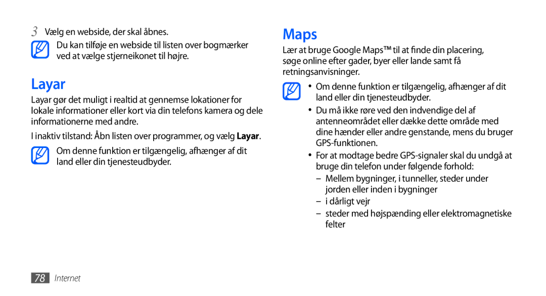 Samsung GT-I5800DKANEE, GT-I5800CWANEE, GT-I5800DKAXEE manual Layar, Maps, Vælg en webside, der skal åbnes 