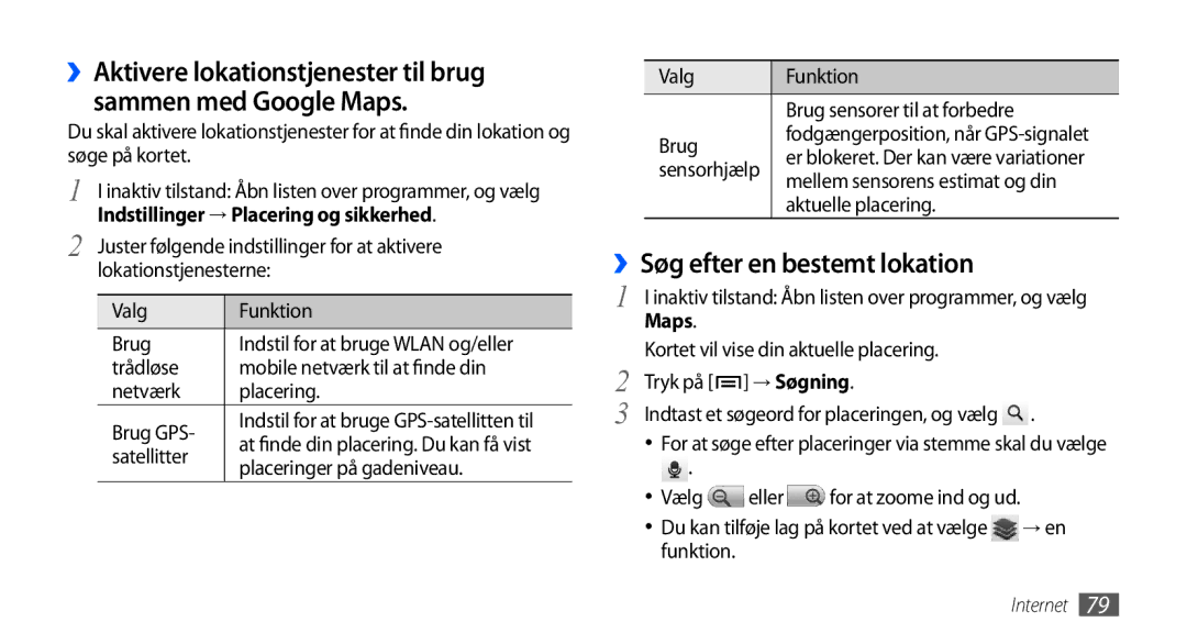 Samsung GT-I5800CWANEE, GT-I5800DKANEE manual ››Søg efter en bestemt lokation, Indstillinger → Placering og sikkerhed, Maps 