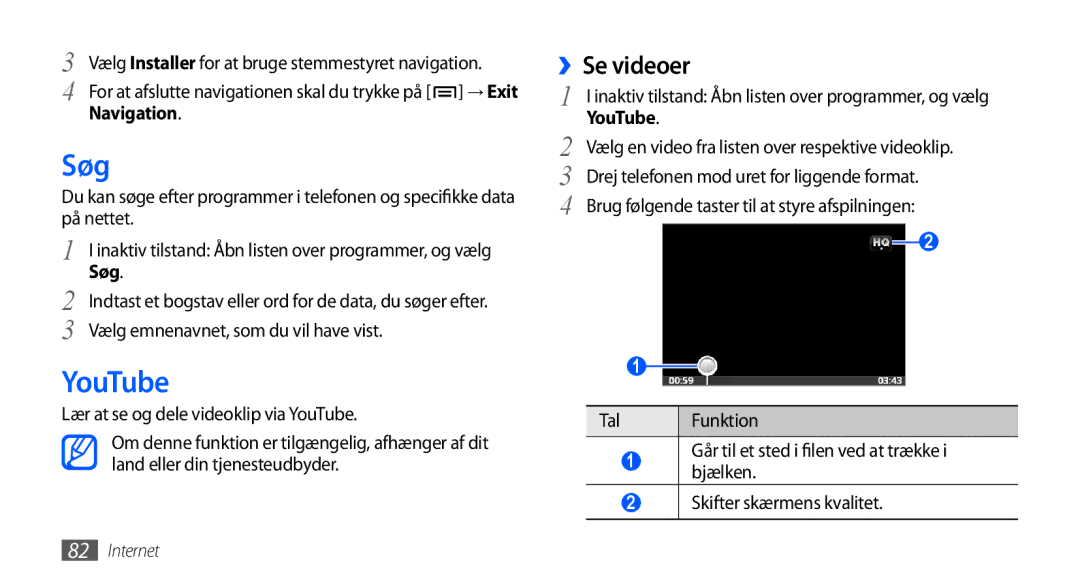 Samsung GT-I5800CWANEE, GT-I5800DKANEE, GT-I5800DKAXEE manual Søg, ››Se videoer, Lær at se og dele videoklip via YouTube 