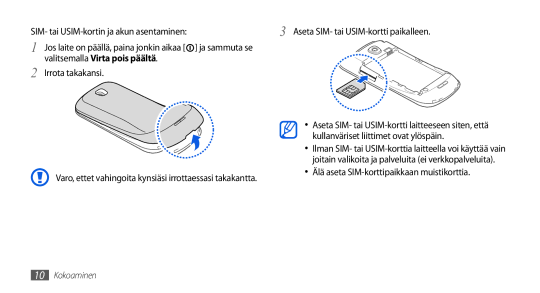 Samsung GT-I5800CWANEE, GT-I5800DKANEE, GT-I5800DKAXEE manual Ja sammuta se, Valitsemalla Virta pois päältä, Irrota takakansi 