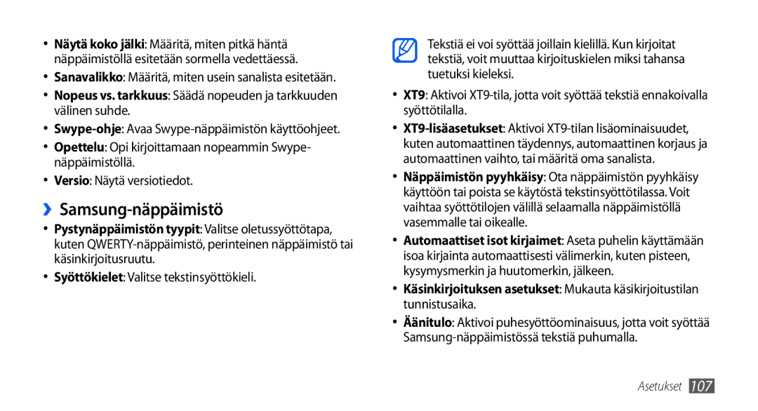 Samsung GT-I5800DKAXEE, GT-I5800DKANEE, GT-I5800CWANEE manual ››Samsung-näppäimistö, Syöttökielet Valitse tekstinsyöttökieli 