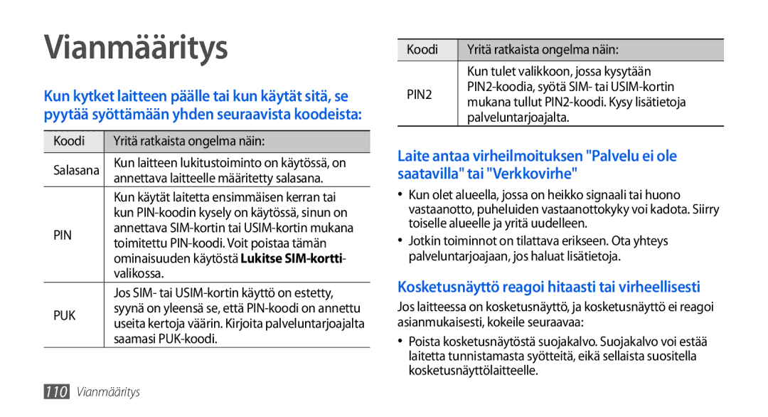 Samsung GT-I5800DKAXEE Vianmääritys, Koodi Yritä ratkaista ongelma näin, Valikossa, Saamasi PUK-koodi, Palveluntarjoajalta 