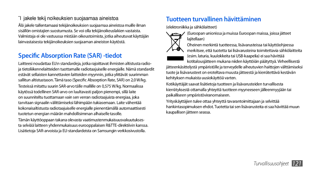 Samsung GT-I5800CWANEE, GT-I5800DKANEE, GT-I5800DKAXEE manual Specific Absorption Rate SAR -tiedot 