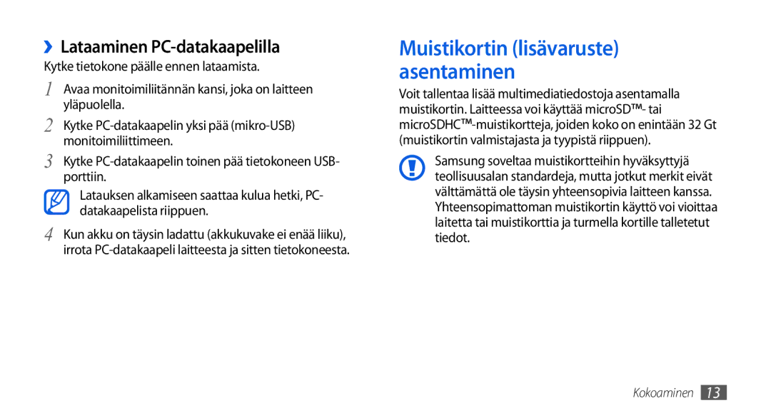 Samsung GT-I5800CWANEE, GT-I5800DKANEE, GT-I5800DKAXEE manual ››Lataaminen PC-datakaapelilla 