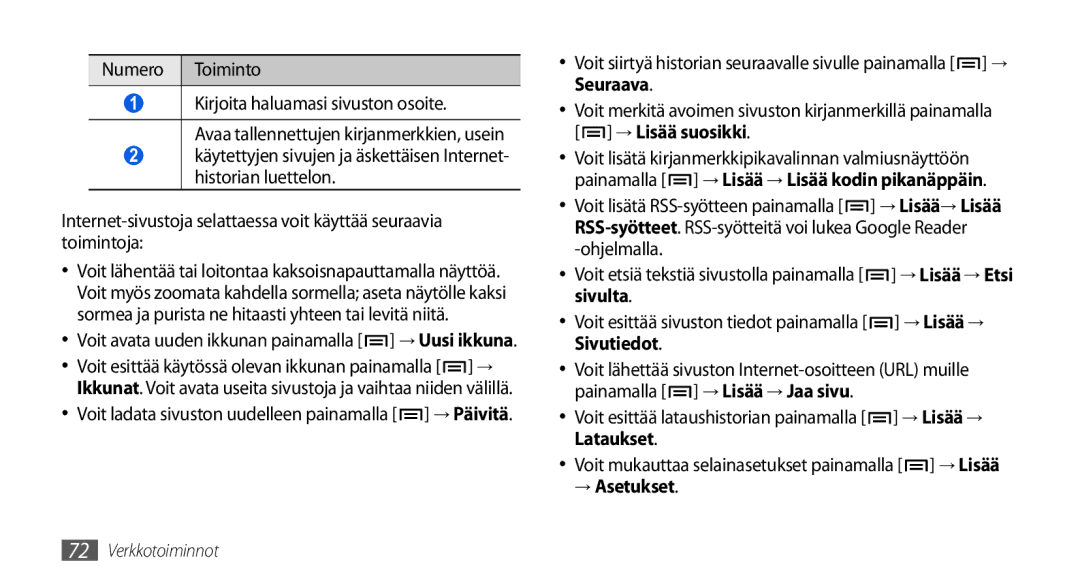 Samsung GT-I5800DKANEE, GT-I5800CWANEE, GT-I5800DKAXEE manual Numero Toiminto Kirjoita haluamasi sivuston osoite, → Asetukset 