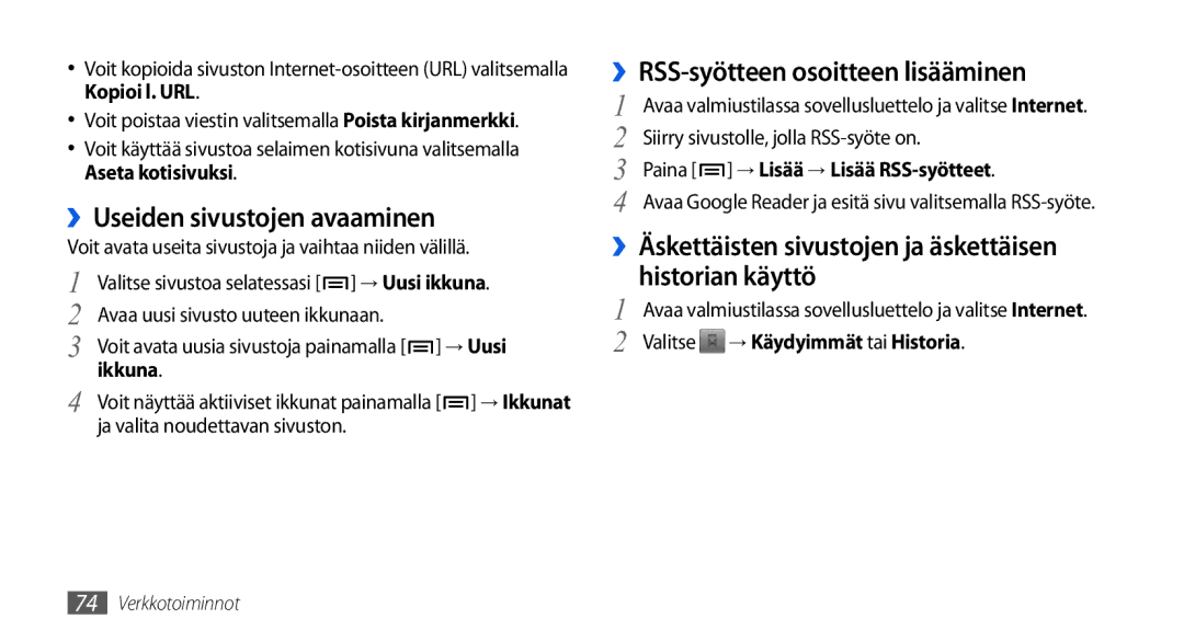 Samsung GT-I5800DKAXEE manual ››Useiden sivustojen avaaminen, ››RSS-syötteen osoitteen lisääminen, Historian käyttö 