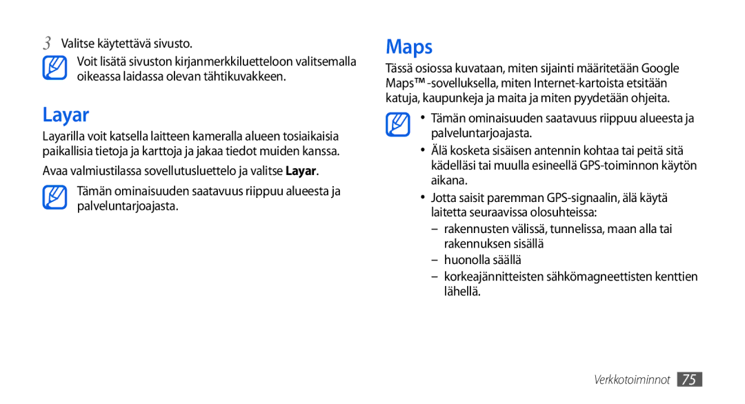 Samsung GT-I5800DKANEE, GT-I5800CWANEE, GT-I5800DKAXEE manual Layar, Maps, Valitse käytettävä sivusto 