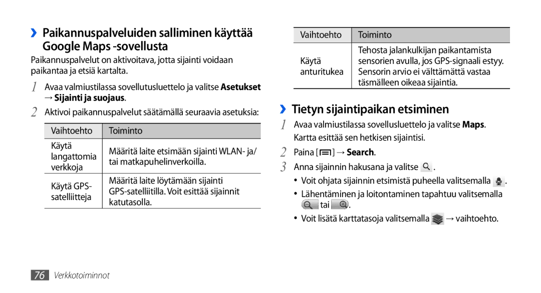 Samsung GT-I5800CWANEE, GT-I5800DKANEE, GT-I5800DKAXEE manual Google Maps -sovellusta, ››Tietyn sijaintipaikan etsiminen 