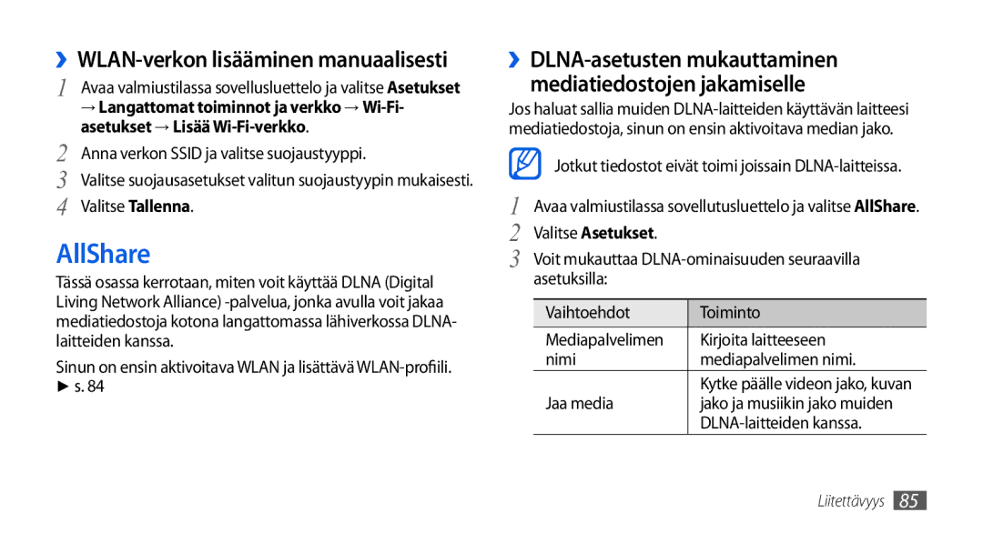 Samsung GT-I5800CWANEE, GT-I5800DKANEE, GT-I5800DKAXEE manual AllShare, ››WLAN-verkon lisääminen manuaalisesti 