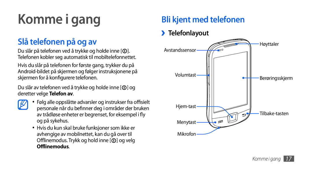 Samsung GT-I5800DKAXEE, GT-I5800DKANEE manual Komme i gang, Slå telefonen på og av, Bli kjent med telefonen, ››Telefonlayout 