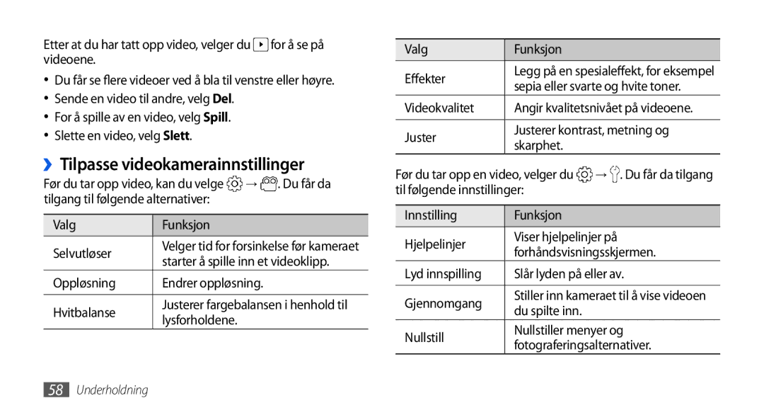 Samsung GT-I5800CWANEE manual ››Tilpasse videokamerainnstillinger, Du får da, Valg Funksjon Selvutløser, Videokvalitet 