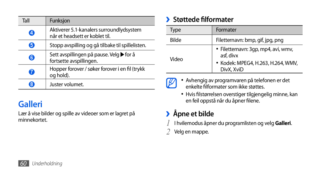 Samsung GT-I5800DKANEE, GT-I5800CWANEE, GT-I5800DKAXEE manual Galleri, ››Støttede filformater, ››Åpne et bilde 