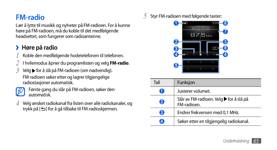 Samsung GT-I5800DKAXEE ››Høre på radio, Styr FM-radioen med følgende taster, Headsettet, som fungerer som radioantenne 