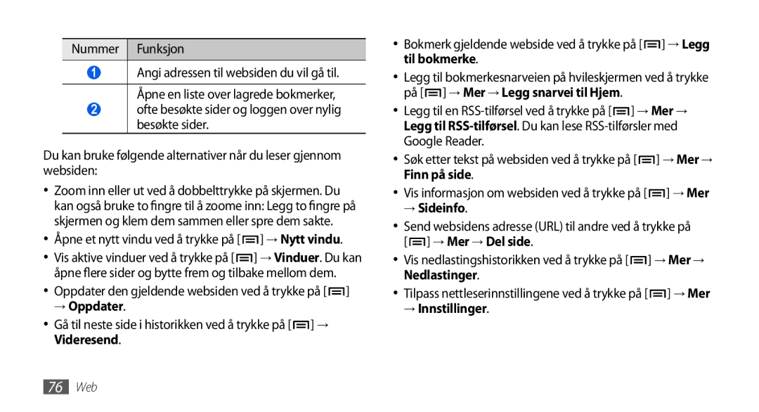 Samsung GT-I5800CWANEE, GT-I5800DKANEE, GT-I5800DKAXEE → Nytt vindu, → Oppdater, Videresend, → Sideinfo, → Innstillinger 