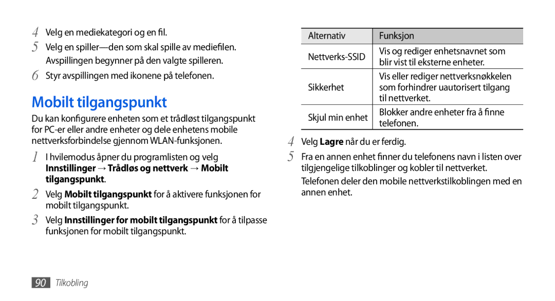 Samsung GT-I5800DKANEE, GT-I5800CWANEE Mobilt tilgangspunkt, Innstillinger → Trådløs og nettverk → Mobilt, Tilgangspunkt 