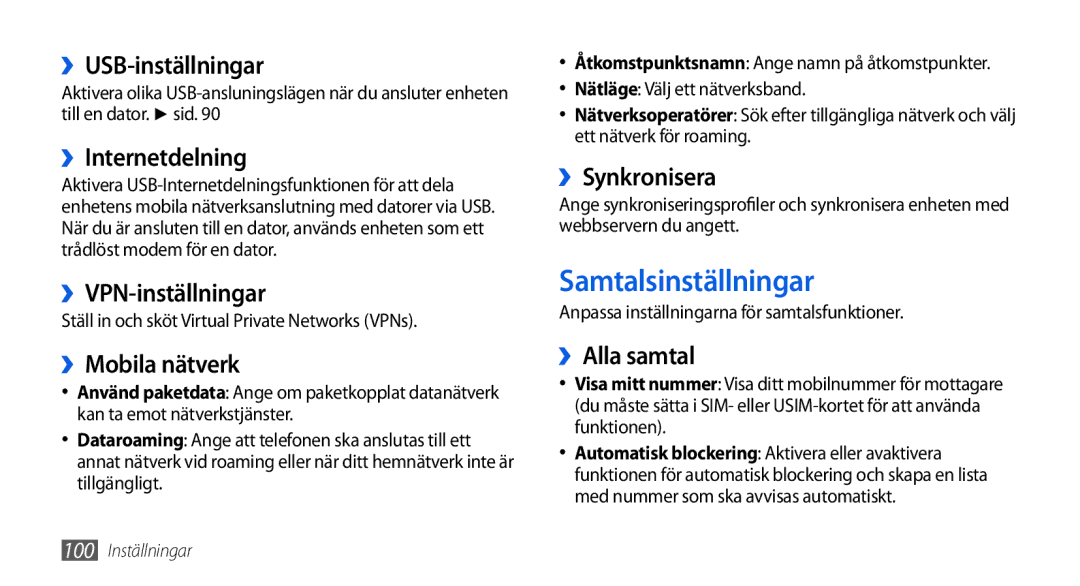 Samsung GT-I5800CWANEE, GT-I5800DKANEE, GT-I5800DKAXEE manual Samtalsinställningar 