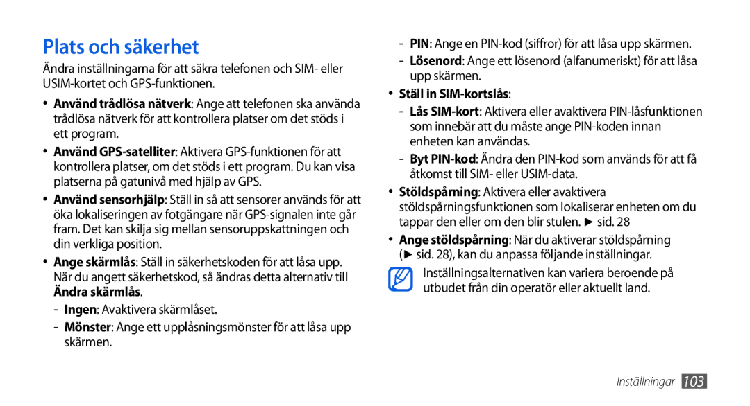 Samsung GT-I5800CWANEE, GT-I5800DKANEE, GT-I5800DKAXEE manual Plats och säkerhet, Ställ in SIM-kortslås 