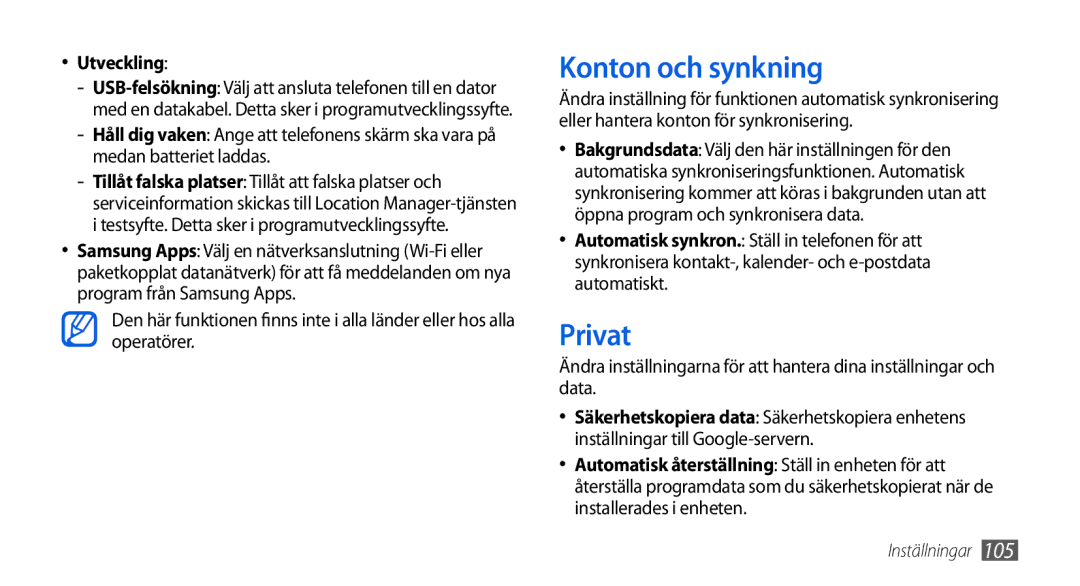 Samsung GT-I5800DKANEE manual Konton och synkning, Privat, Utveckling, Testsyfte. Detta sker i programutvecklingssyfte 