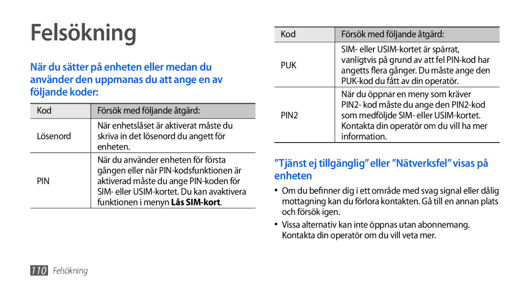 Samsung GT-I5800DKAXEE, GT-I5800DKANEE, GT-I5800CWANEE manual Felsökning 